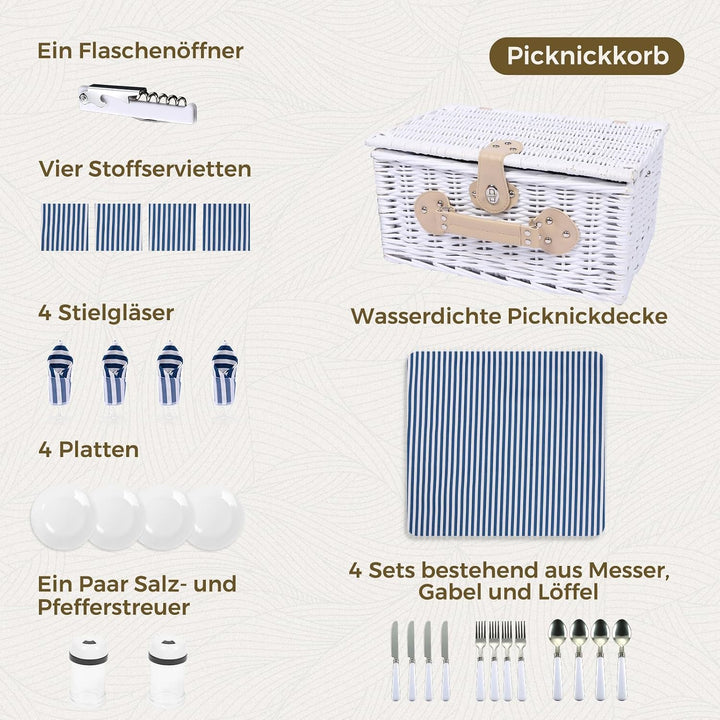 Picknickkorb Set für 4 Person mit Kühlfach und wasserdichte Picknickdecke, Abnehmbarer Riemen, Beste