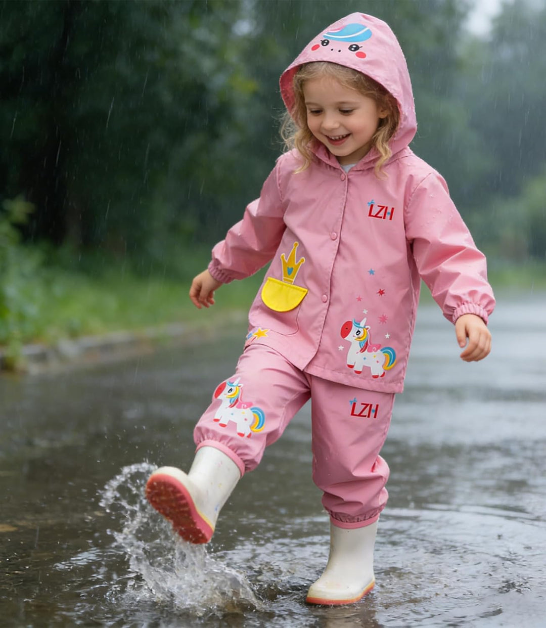 LZH Jungen Regenmantel Kinder Wasserdichte Mit Kapuze Mädchen, Jacke Hosen Anzug Lightweight 2 Stück