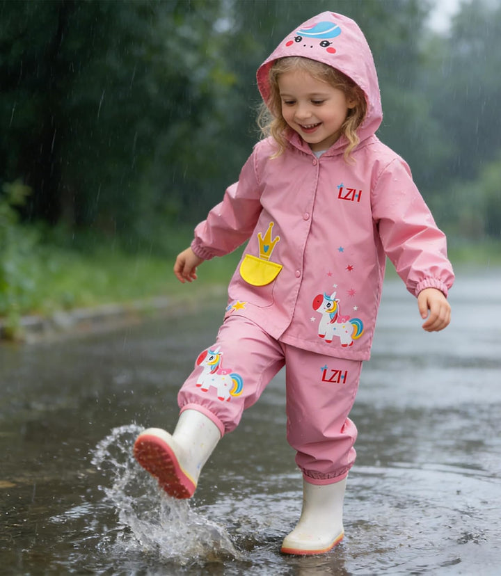 LZH Jungen Regenmantel Kinder Wasserdichte Mit Kapuze Mädchen, Jacke Hosen Anzug Lightweight 2 Stück