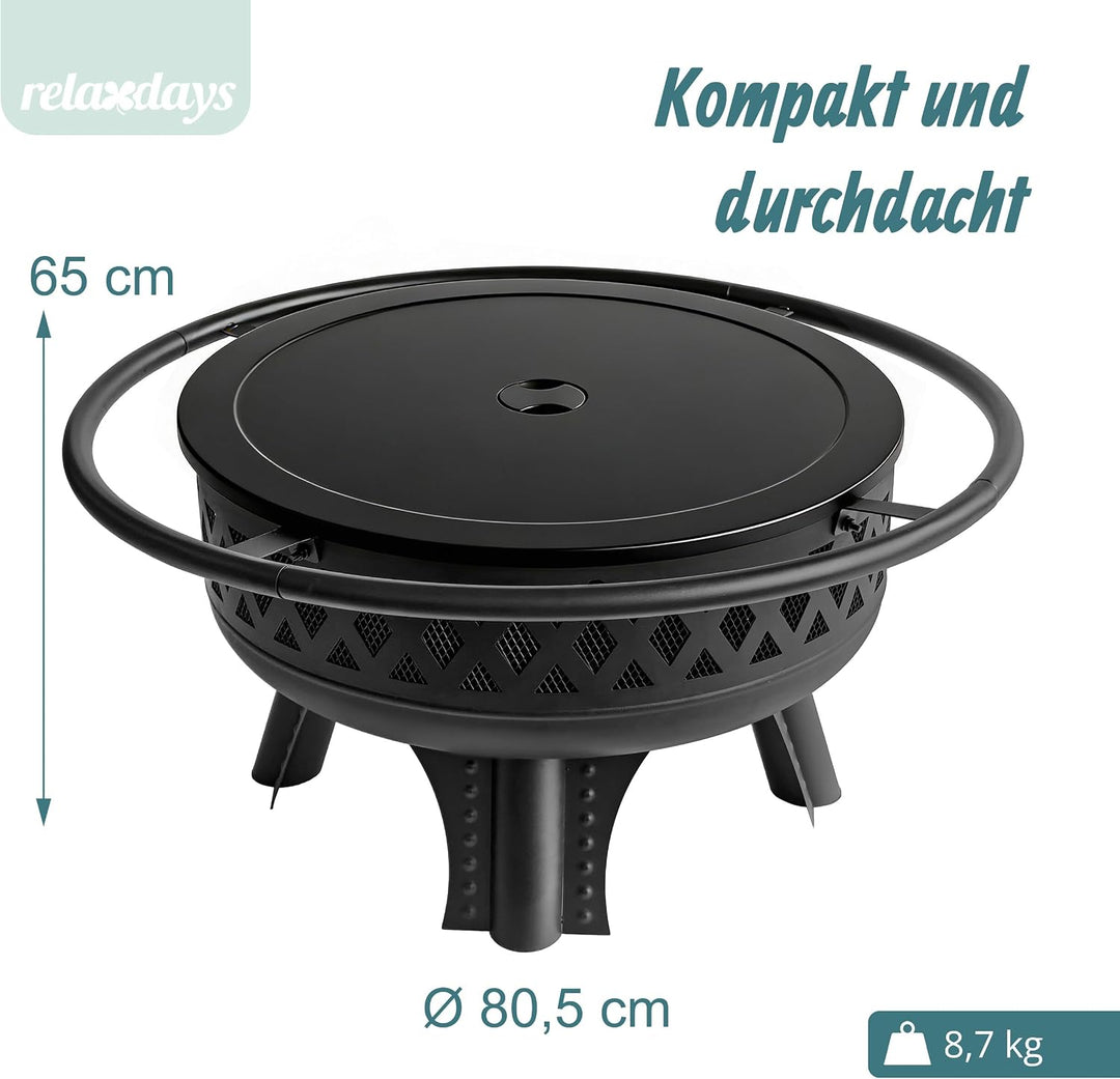 Relaxdays Feuerschale, Ø 80,5 cm, Verstellbarer Grillrost, Deckel &amp; Schürhaken, Feuerstelle Garten,