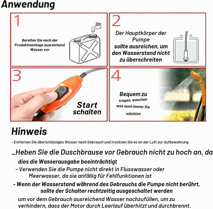 PORFOYO Campingdusche Camping Dusche, 12V Tragbare Campingdusche mit Handbrause und Schlauch, Campin