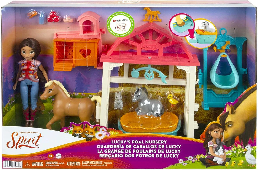 Dreamworks Spirit HCH37 - Luckys Tierbaby-Pflegestation, Pony & Fohlen, Puppe Lucky (18 cm), Pflegeb