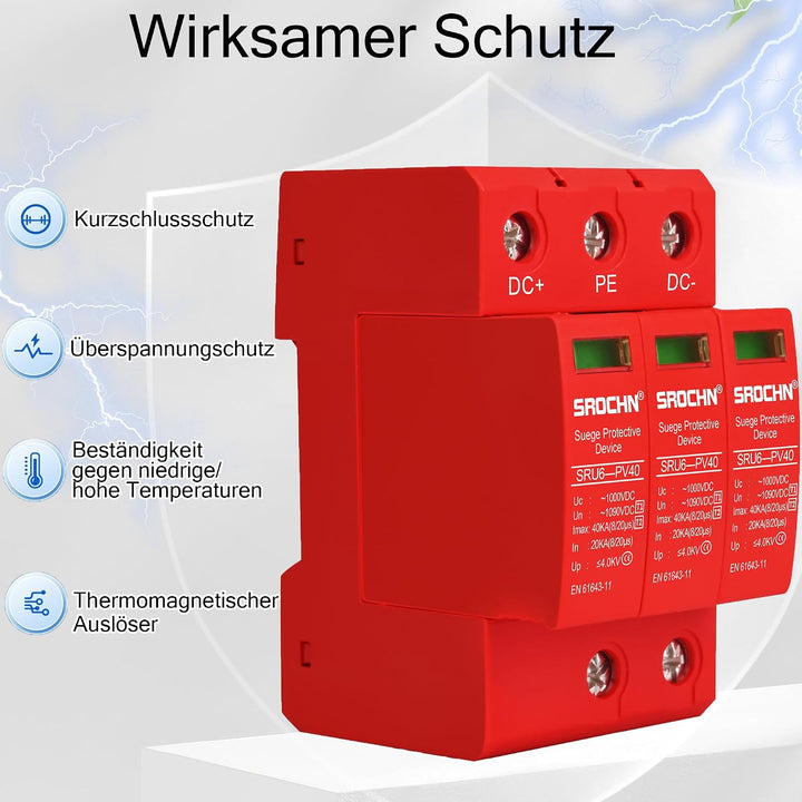 Warmfay Überspannungsschutz PV B+C (T1+T2) 3P 20-40KA, 1000V DC Photovoltaic Lightning Protector Nie