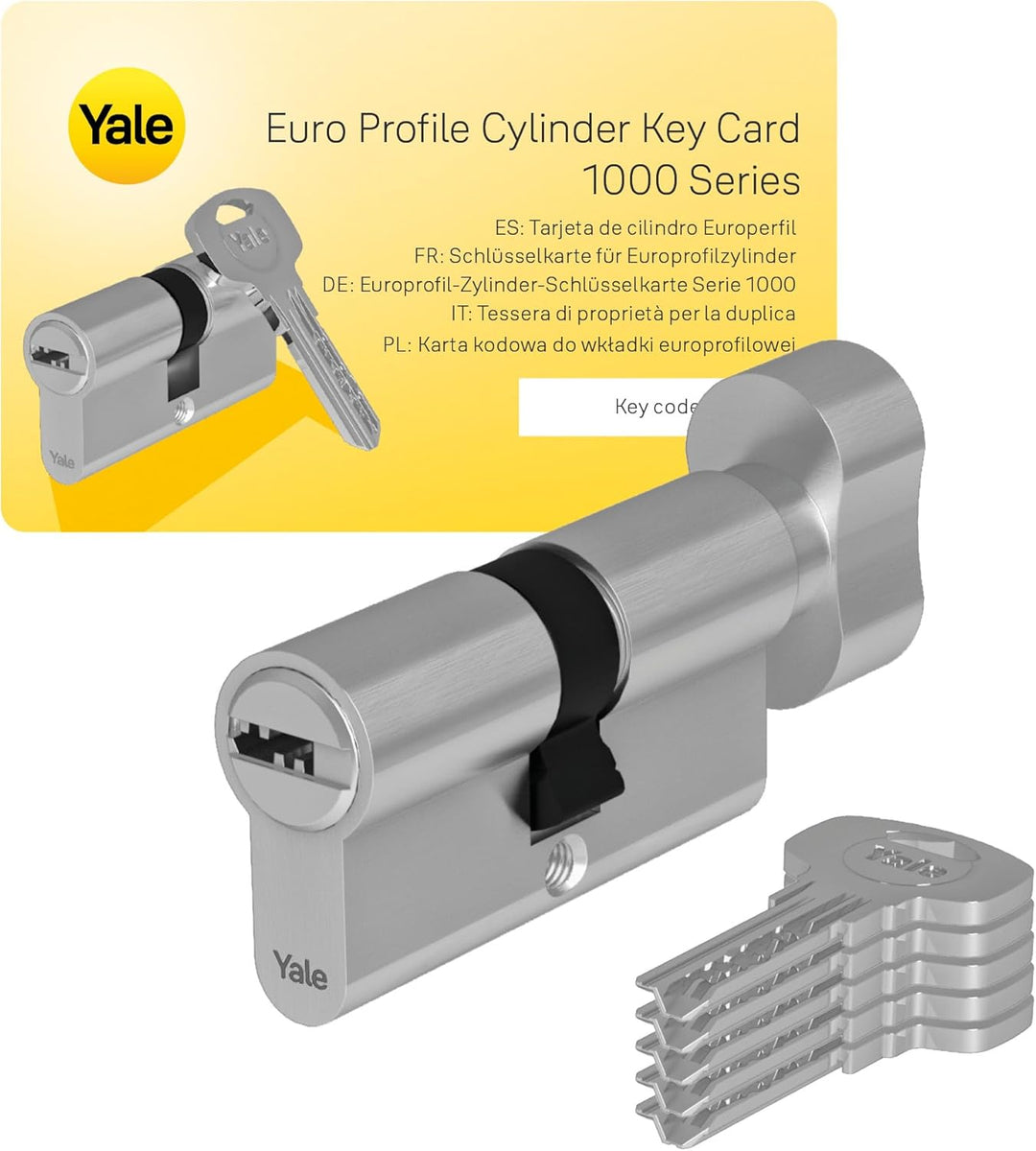 Yale Europrofil Zylinder 1000 PLUS Serie Drehknaufzylinder 30/30mm Nickel matt mit 4 Schlüsseln für