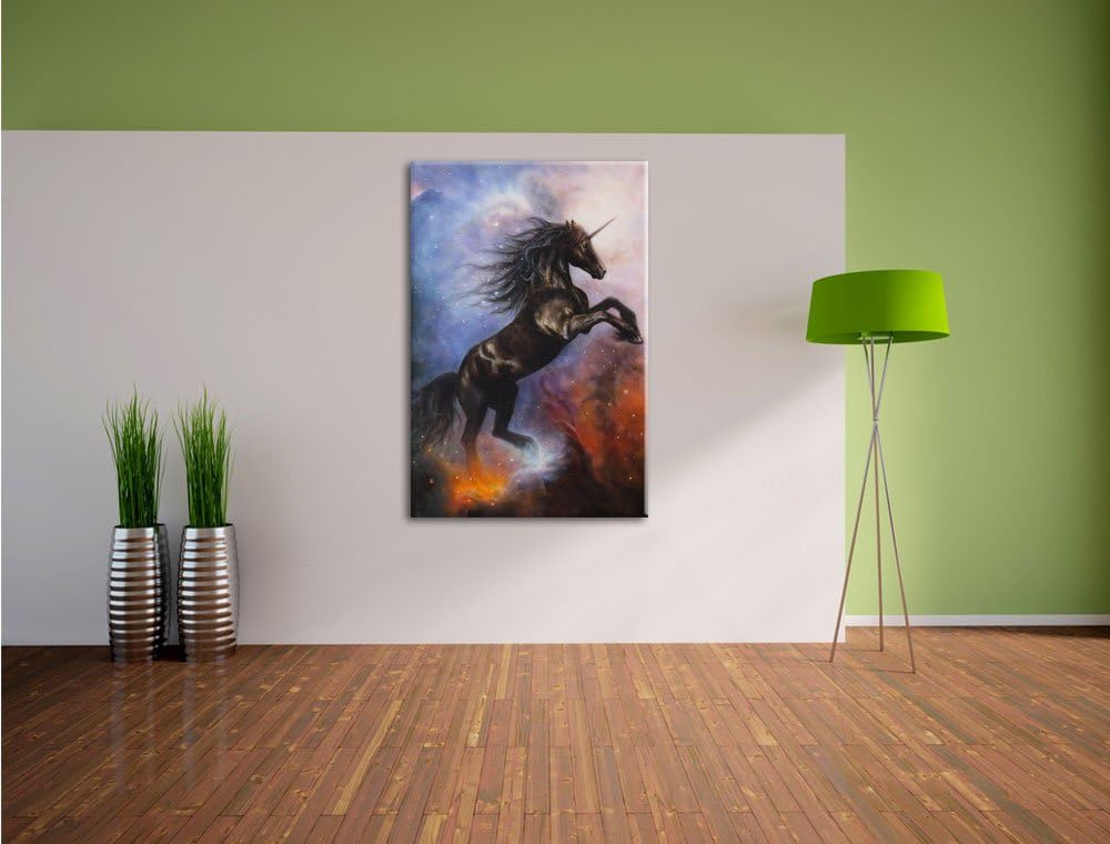 Pixxprint Traumhaftes schwarzes Einhorn, Format: 100x70 auf Leinwand, 100x70