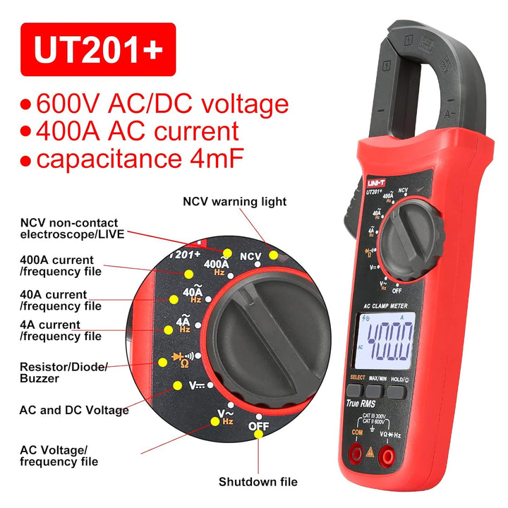 UNI-T UT201+ Digital Clamp Meter 4000 counts Multimeter auto range True-RMS-Zangenmessgerät DC curre