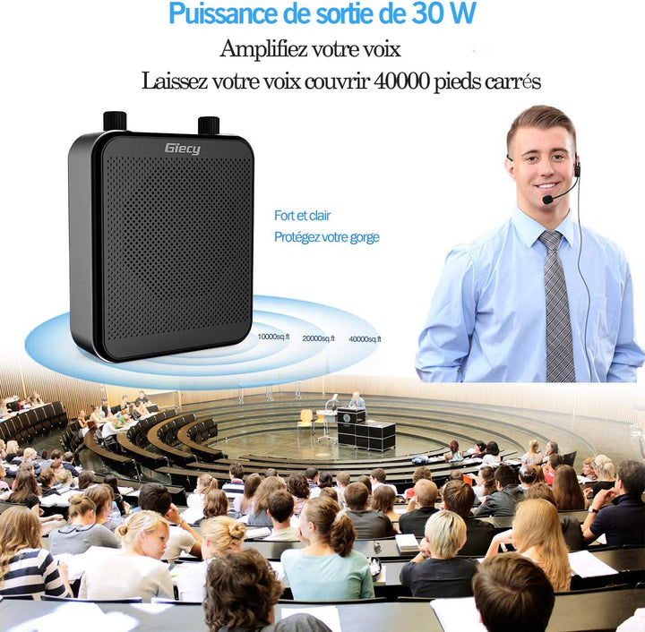 Tragbarer Sprachverstärker mit Mikrofon, Kopfhörer, 30 W, wiederaufladbarer Akku, 2800 mAh, leistung