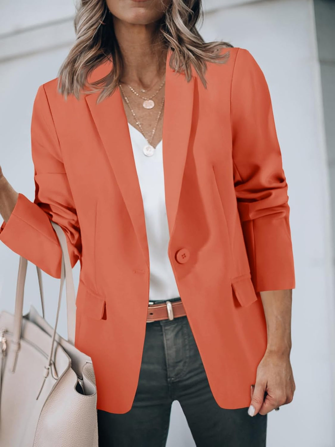 Cicy Bell Damen Langarm Casual Blazer Arbeit Büro Knopf Open Front Jacke Anzug XS Orange, XS Orange