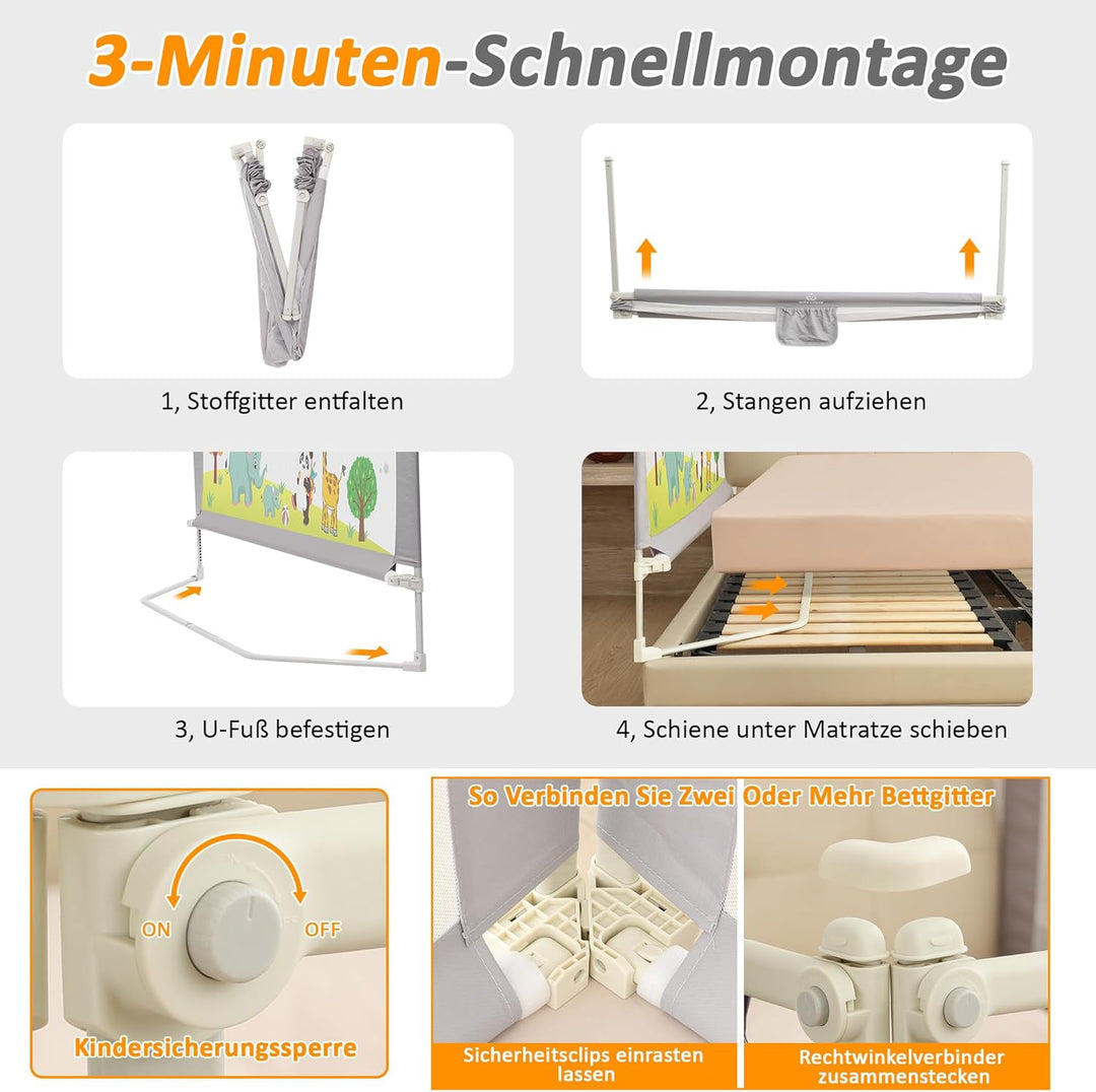 Bettgitter für Kleinkinder, 3 Stück Bettschutzgitter für Kinder Kinderbettgitter Babybettgitter Klap
