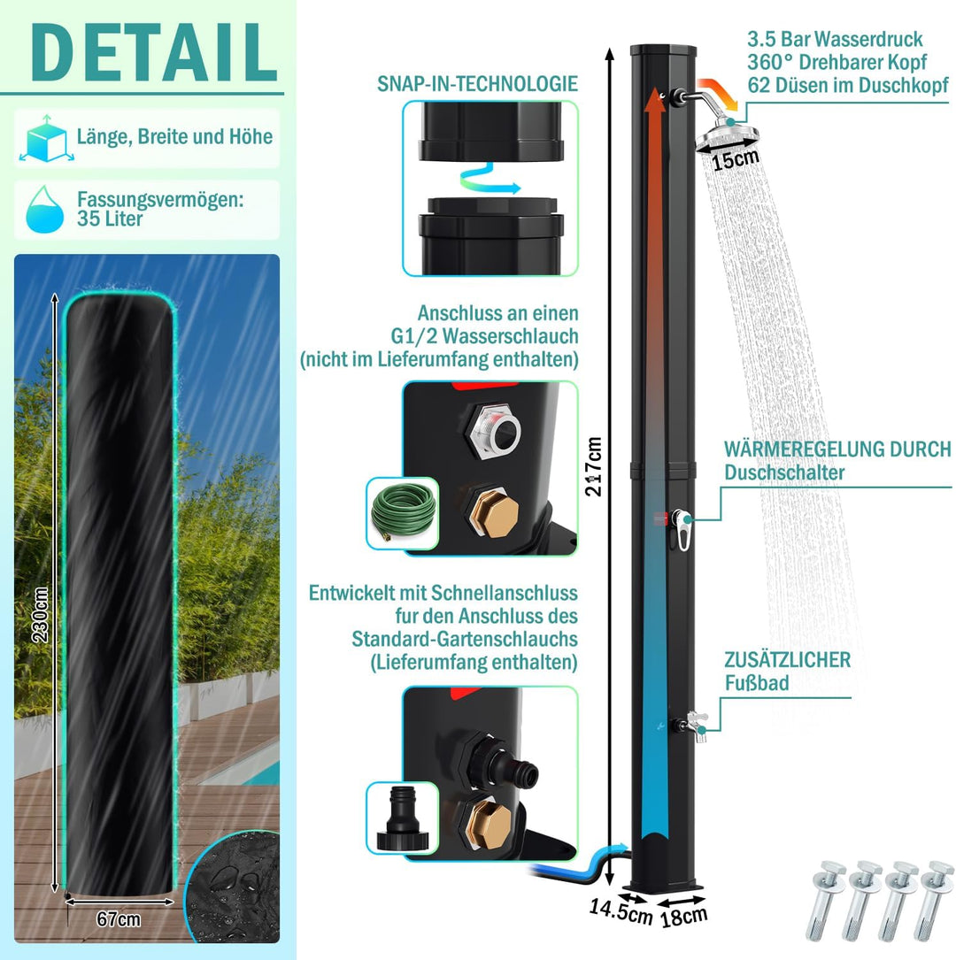 Randaco Solardusche 35L Solar Gartendusche warmes Wasser Bis Zu 60°C Ohne Stromanschluss Pooldusche