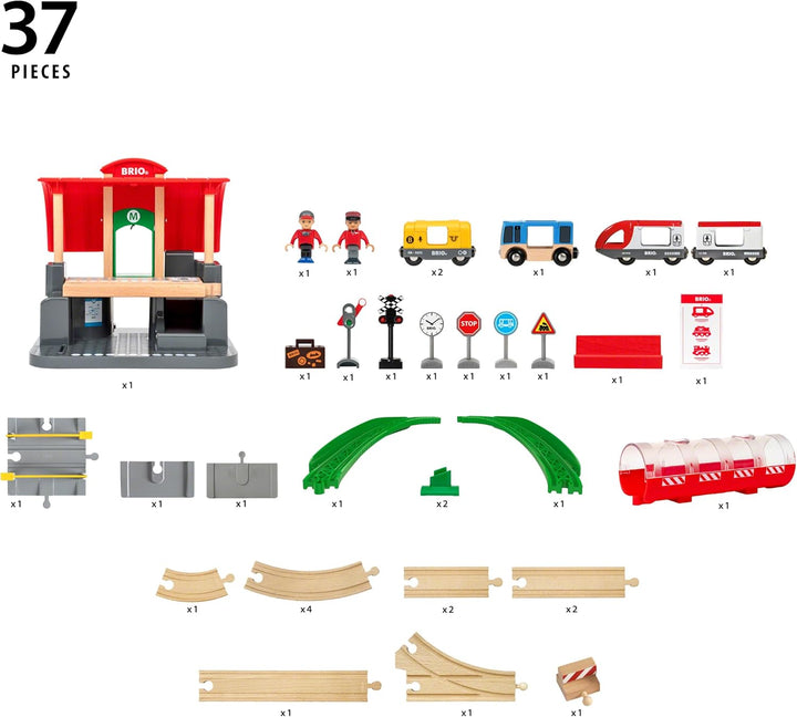 BRIO World 33989 Grosses City Bahnhof Set - Umfangreiches Holzeisenbahn-Set mit Umsteigebahnhof - Em