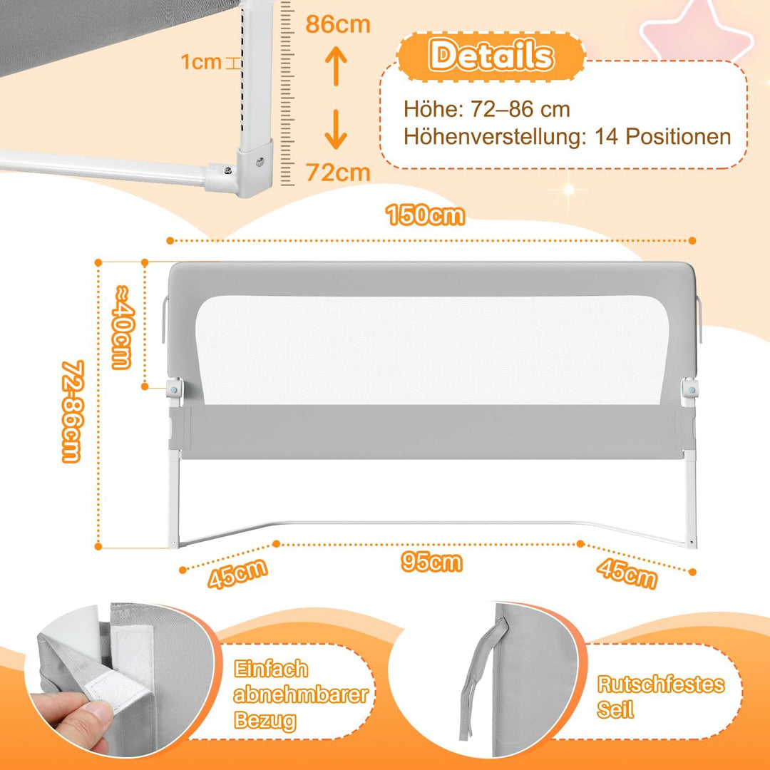 Ikodm Rausfallschutz Bett, Rausfallschutz Boxspringbett 150cm, Bettgitter höhenverstellbar 72-86 cm,