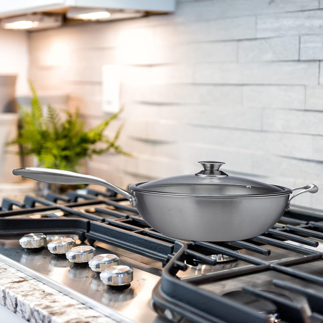 Relaxdays Wok, Ø 32 cm, Edelstahl unbeschichtet, Glasdeckel, Gas-, Elektro-, Induktionsherd, Wokpfan