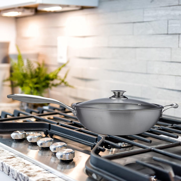 Relaxdays Wok, Ø 32 cm, Edelstahl unbeschichtet, Glasdeckel, Gas-, Elektro-, Induktionsherd, Wokpfan