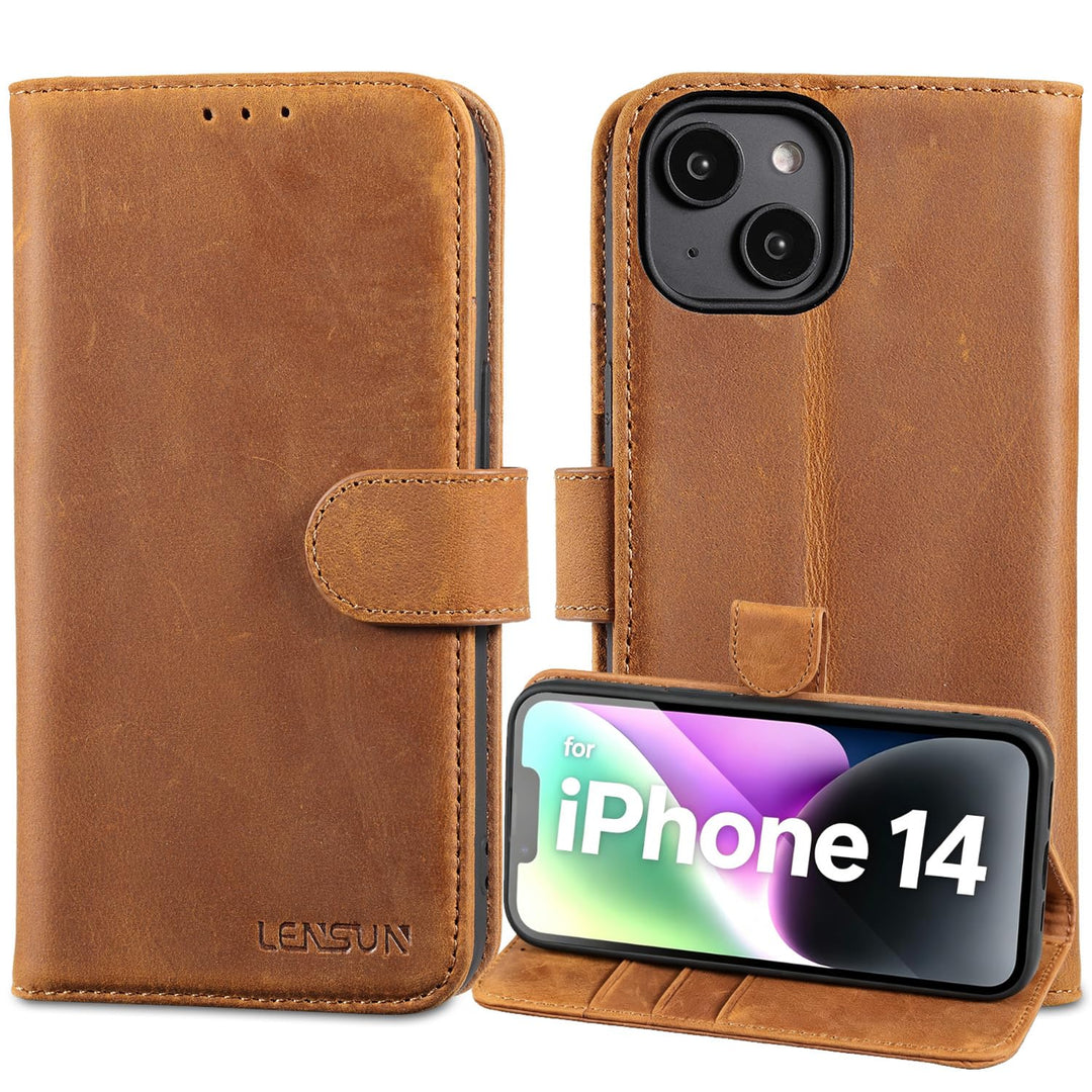 LENSUN Echtleder Hülle für iPhone 14, Handyhülle [Echtes Leder][Magnetverschluss][RFID Schutz] Handy