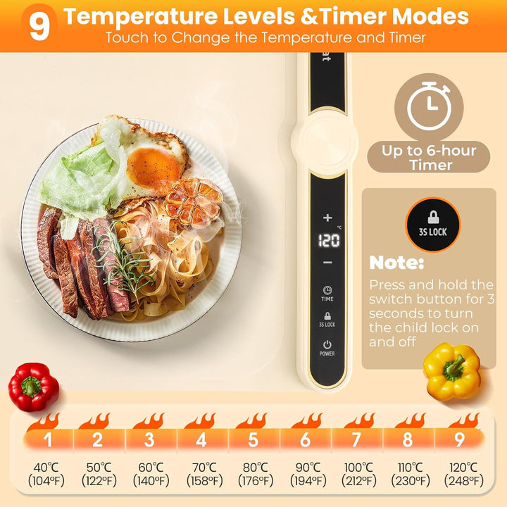 Warmhalteplatte Elektrisch,Speisenwärmer Ganzflächige Erwärmung,8s Schnellheizung, 9-stufig einstell