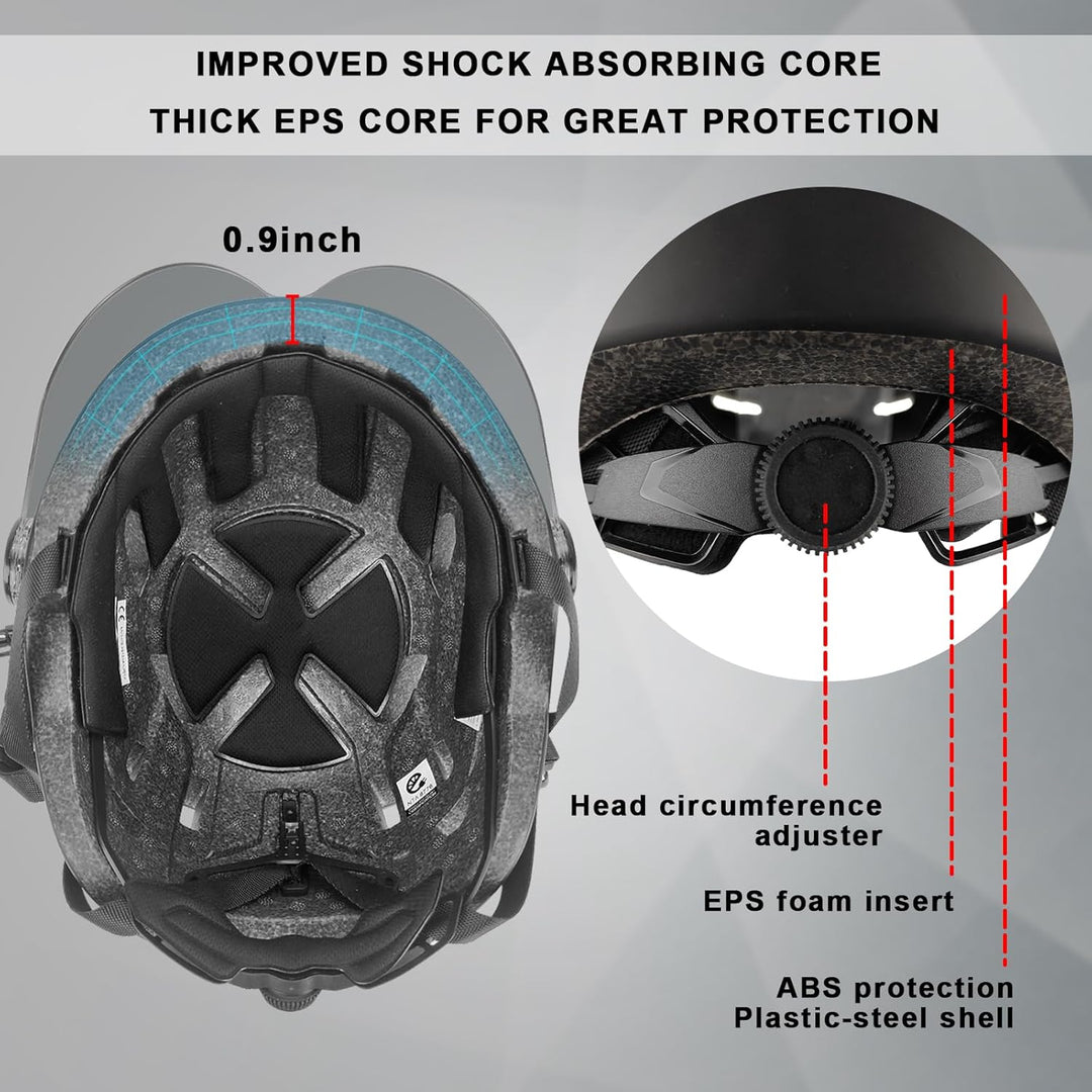 Fahrradhelm Herren, Damen Helm mit Magnetischem Visier Abnehmbarer Sonnenschutzkappe und Grössenvers