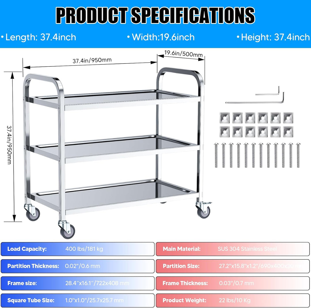 3-stufiger Catering Servierwagen, Edelstahl Küchen-Esswagen 95x50x95 cm, geräuschlos rollend, für kl