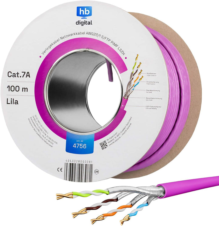 HB-DIGITAL 100m CAT.7a Netzwerkkabel LAN Kabel Verlegekabel AWG 23 Reines Kupfer S/FTP PiMF LSZH Hal