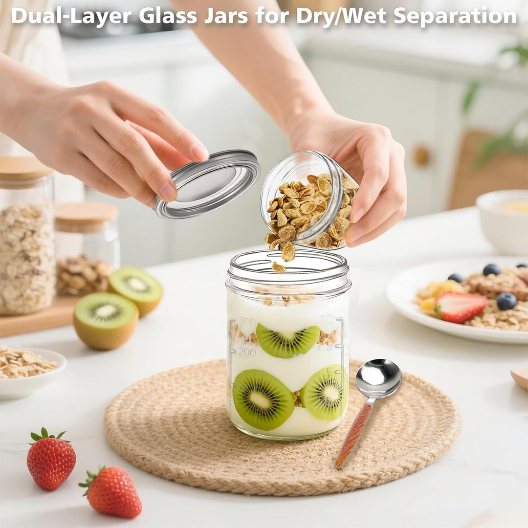 4er Overnight Oats Gläser 400ml+100ml, Joghurtbecher to go mit Doppelschicht-Design und Edelstahlöff