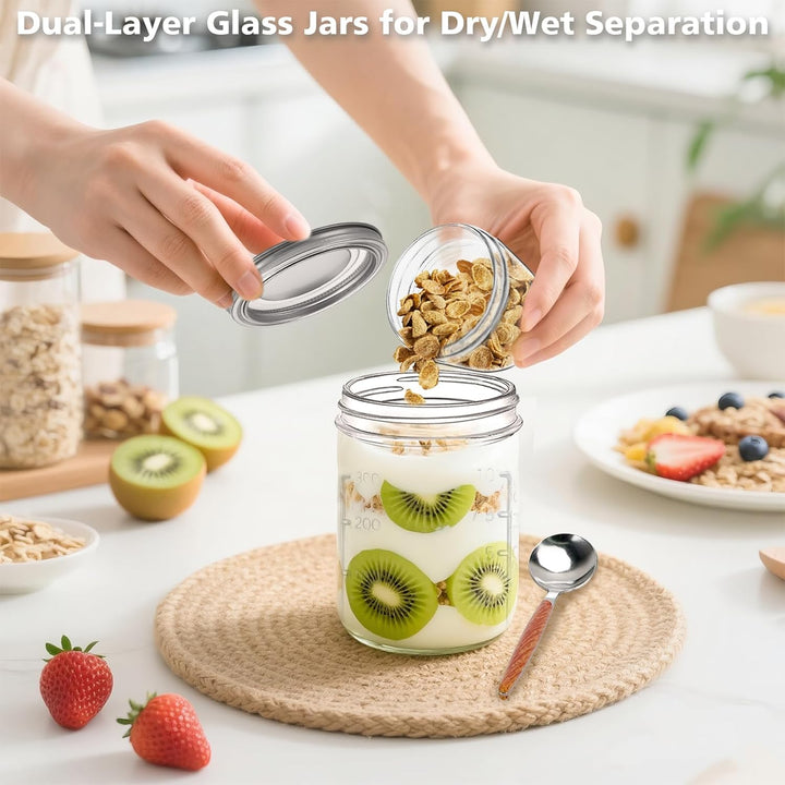 4er Overnight Oats Gläser 400ml+100ml, Joghurtbecher to go mit Doppelschicht-Design und Edelstahlöff