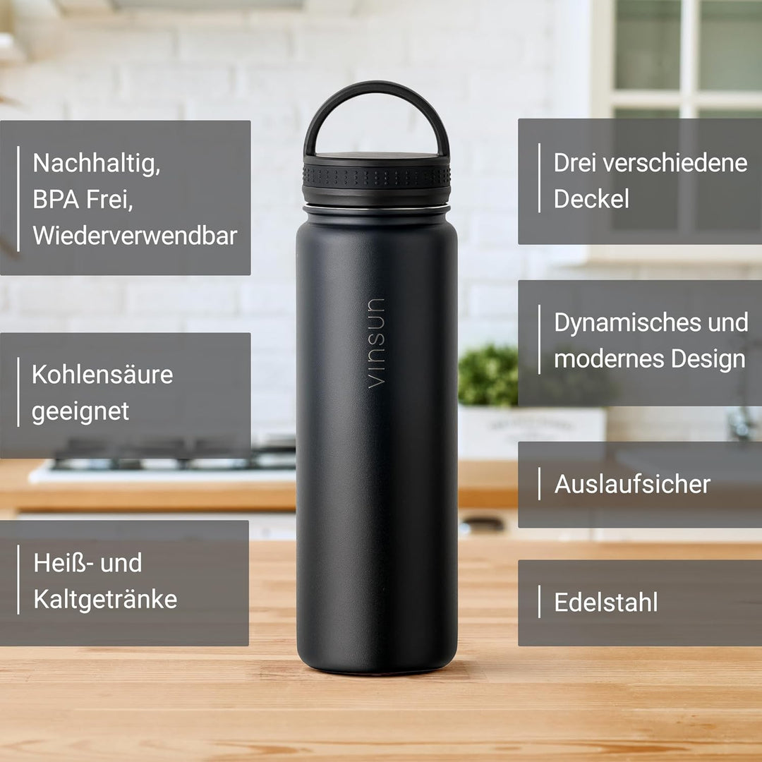 Vinsun Edelstahl Trinkflasche 750ml - Strohhalm, Trinköffnung, Drehverschluss - auslaufsicher, Kohle