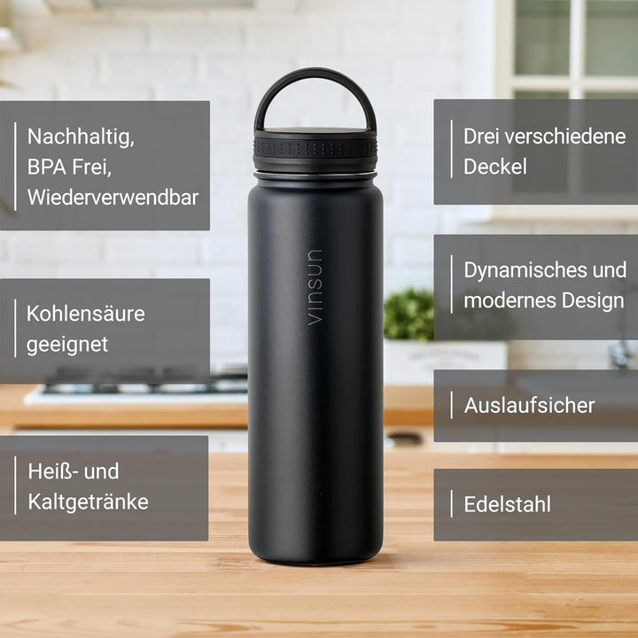 Vinsun Edelstahl Trinkflasche 750ml - Strohhalm, Trinköffnung, Drehverschluss - auslaufsicher, Kohle