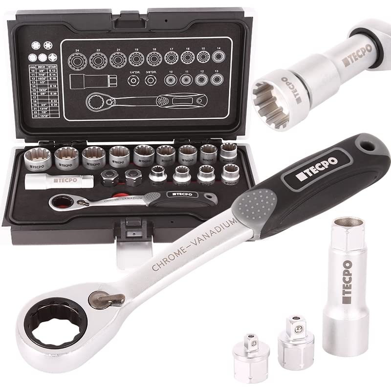 TECPO® Vielzahn Steckschlüssel Satz Durchsteckknarre 1/2 Zoll 10-24 mm Zoll Werkzeug Nüsse Harley 3/