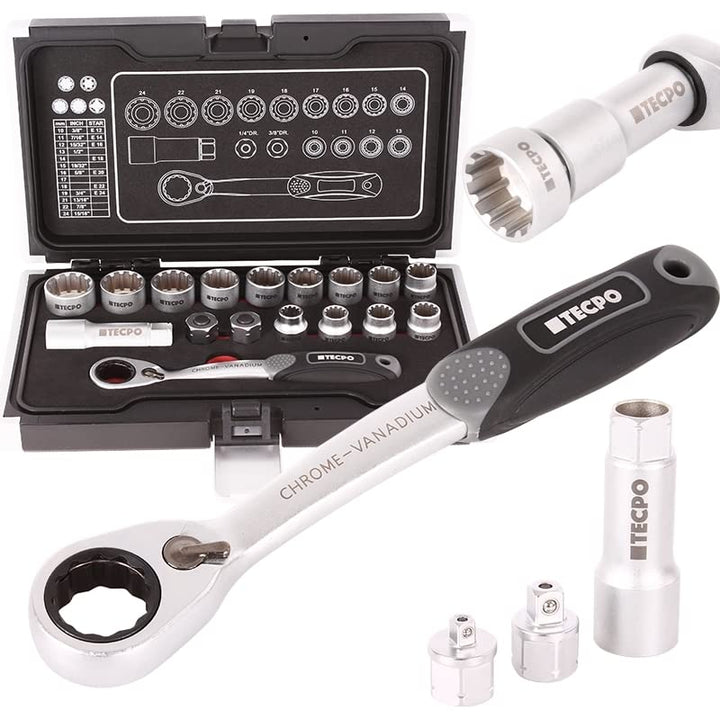 TECPO® Vielzahn Steckschlüssel Satz Durchsteckknarre 1/2 Zoll 10-24 mm Zoll Werkzeug Nüsse Harley 3/