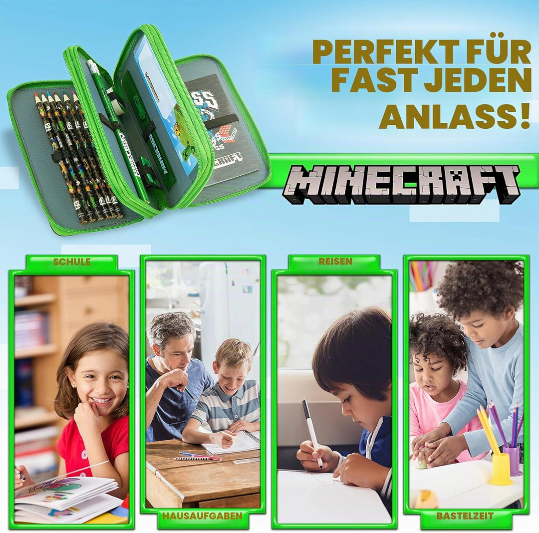 Minecraft Federmäppchen Jungen und Mädchen Mäppchen Gefüllt Creeper Federmappe mit Schreibwaren Game