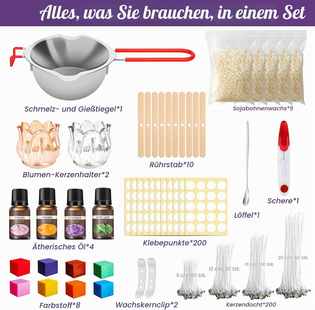 UCAMP Kerzen Selber Machen Set,Kerzenherstellung Kit,8 Kerzenfarbe,400ml Schmelztopf und 2 Dochthalt