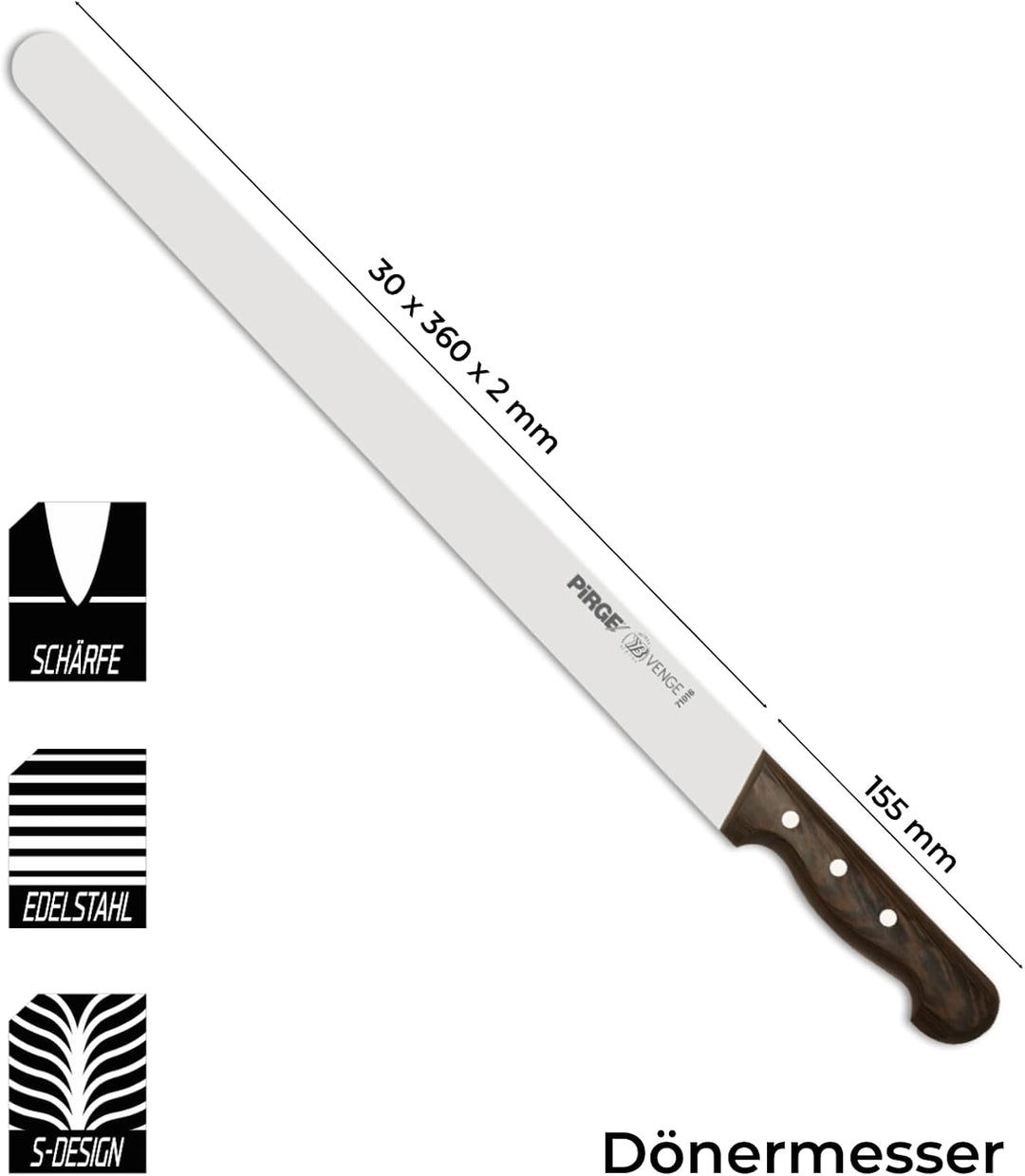 Pirge Sultan Pro Dönermesser 36 cm Schmal - Aufschnittmesser - Schärfstes Döner Langmesser - Schneid