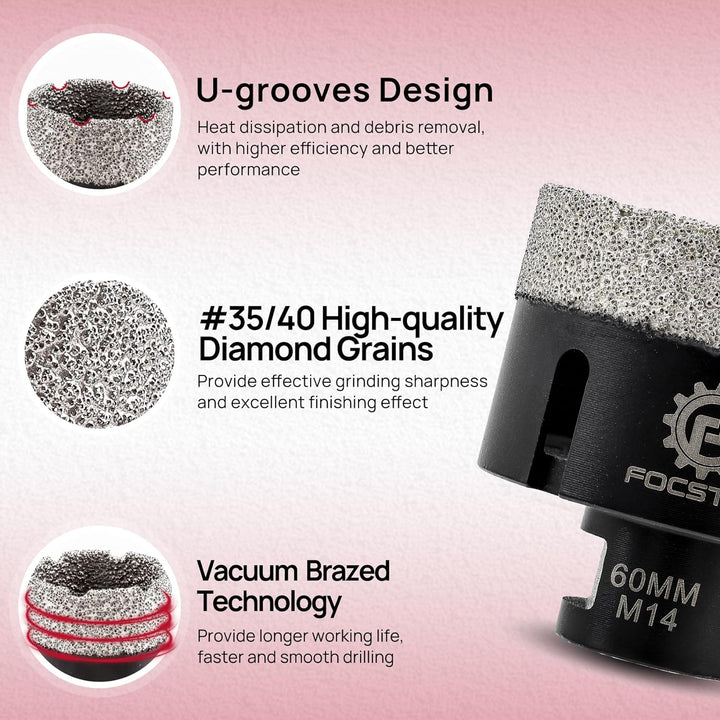 FOCSTOL Diamant Fliesenbohrer 60mm Vakuumgelötete Diamant Lochsäge für Porzellan Keramik Fliese Marm