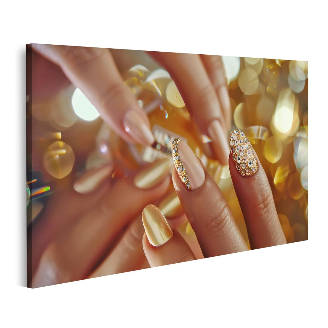 islandburner Prime Bild auf Leinwand Goldene Nagelkunst im Urlaubsstil mit Heller Maniküre, funkelnd