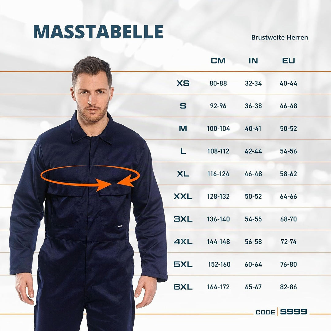 Portwest S999 Herren Euro-Arbeitskleidung Polycotton Overall Arbeitsanzug Blau Navy 3XL, Blau Navy 3