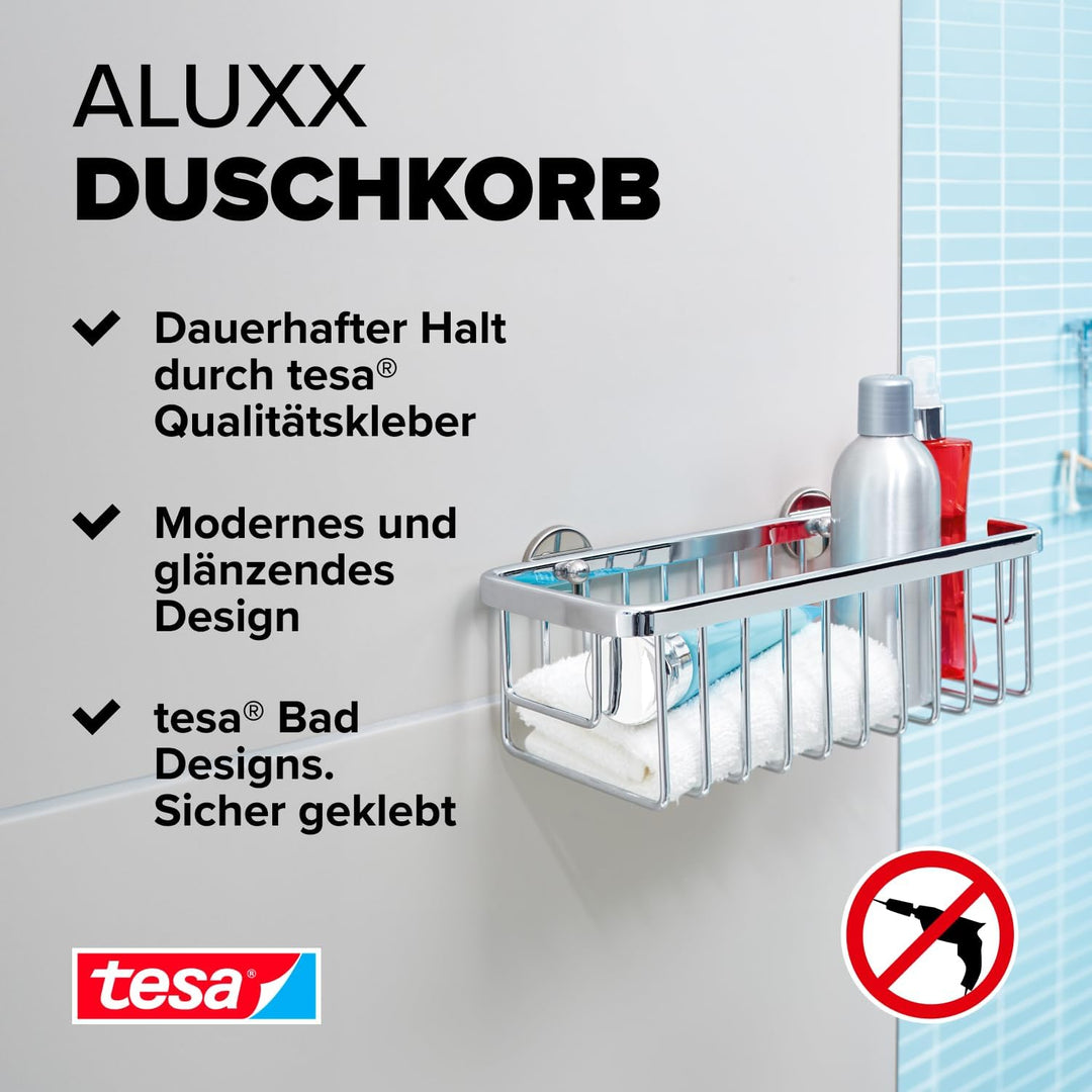 tesa ALUXX Duschkorb, Aluminium, verchromt, garantiert rostfrei, inkl. Klebelösung, tiefer Boden, 12