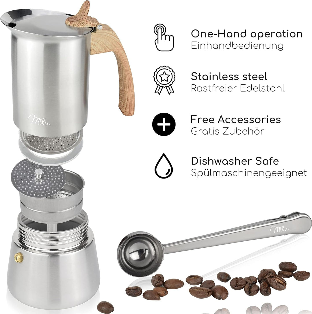 Milu Espressokocher Induktion geeignet | 2, 4, 6, 9 Tassen | Edelstahl Mokkakanne, Espressokanne, Es