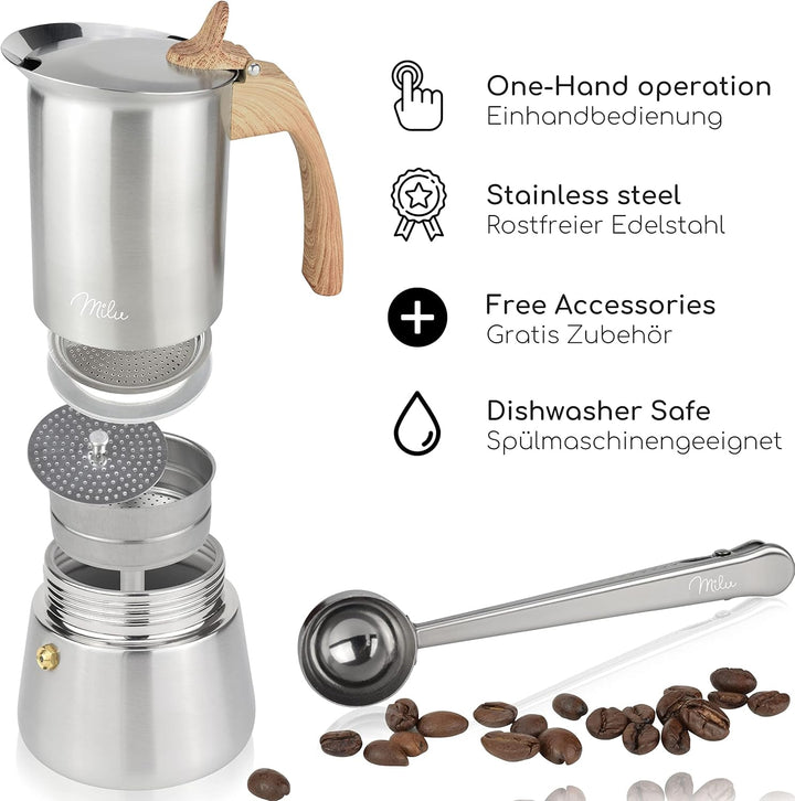 Milu Espressokocher Induktion geeignet | 2, 4, 6, 9 Tassen | Edelstahl Mokkakanne, Espressokanne, Es