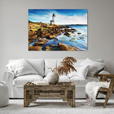 Bilder auf Leinwand 100x70cm Leinwandbild Leuchtturm Ufer Wolke Landschaft Gross Wanddeko Bild Schla