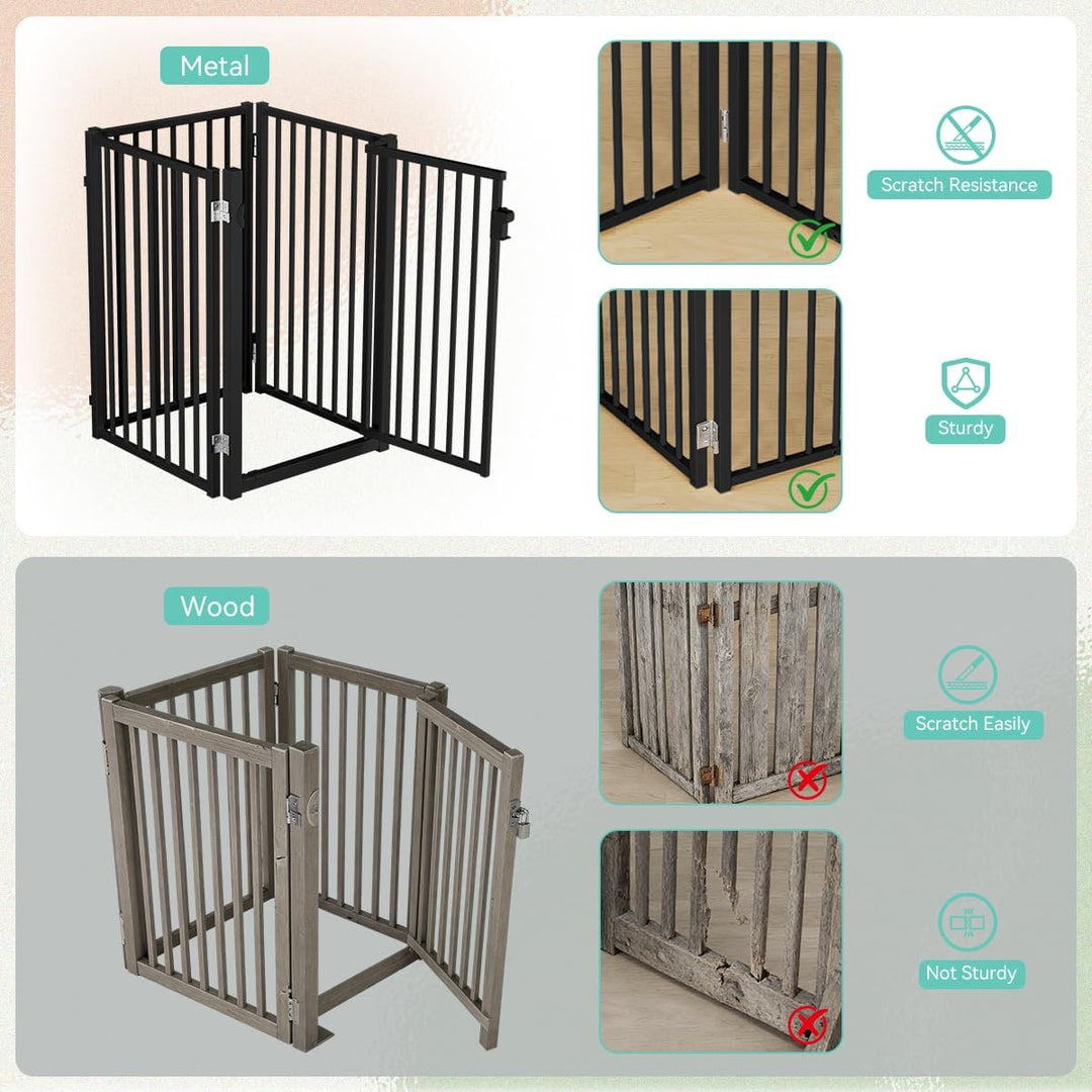 COMOMY Metall Hundegitter Freistehend mit Tür, 203cm Extra Breit Absperrgitter Hund Wohnung, 81cm Ho