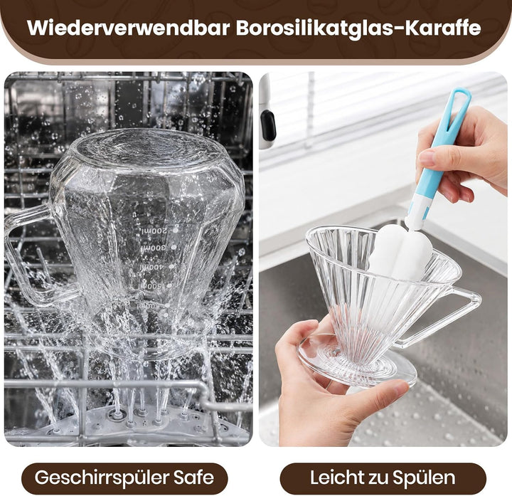 Pour Over Kaffeebereiter, 600ml Borosilikatglas-Karaffe | mit Glasdeckel, Übergiess-Kaffeetropfer fü
