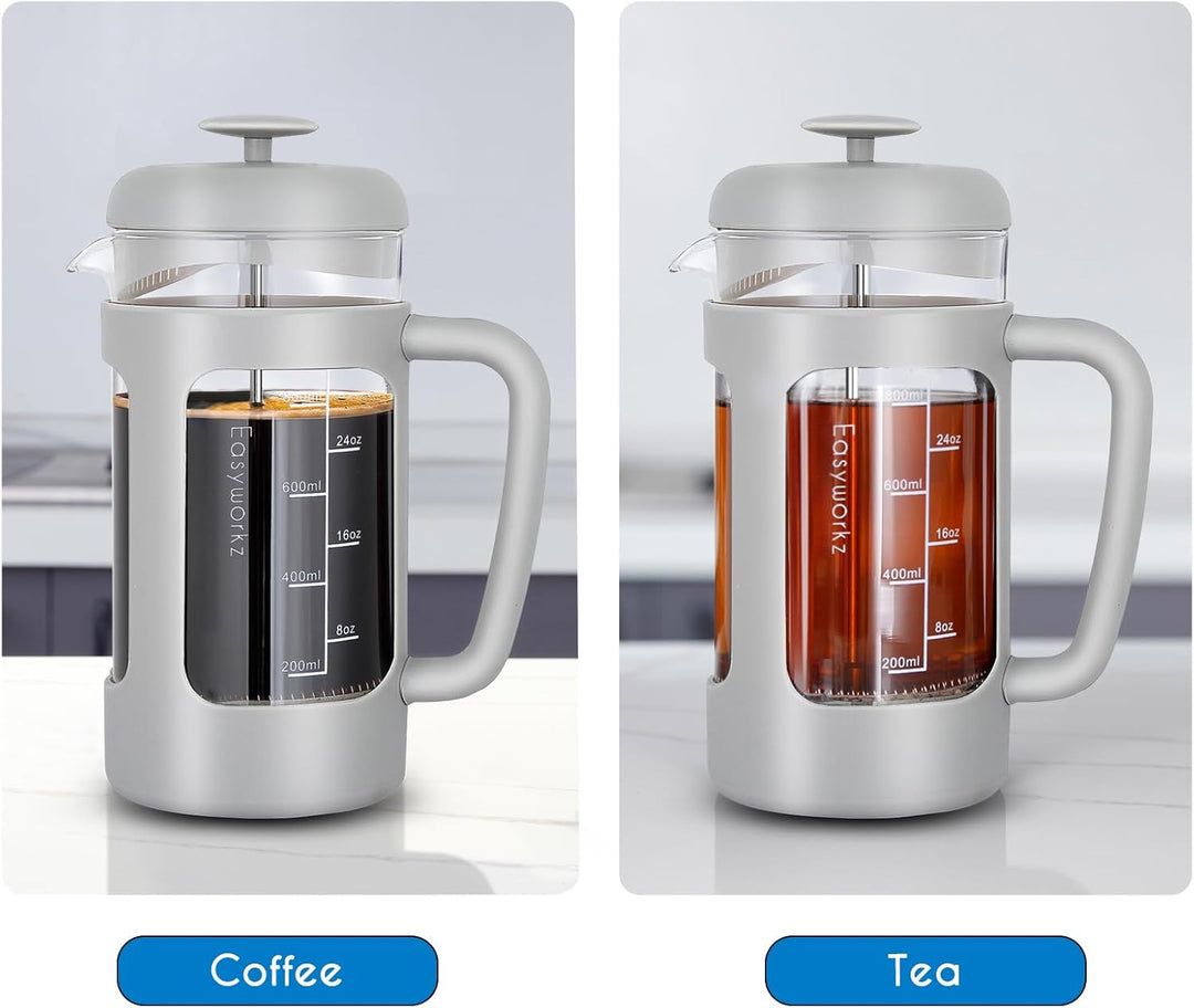 Easyworkz French Press 1000 ml Kaffee-/Teezubereiter mit Borosilikatglas, Softgrip-Griff, Hellgrau H