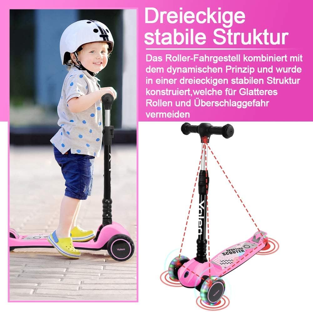 YOLEO Kinderoller Kinderscooter Dreiradscooter mit LED Räder, 2-Rädern Hinterbremsen,4 Höhenverstell