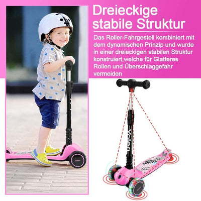 YOLEO Kinderoller Kinderscooter Dreiradscooter mit LED Räder, 2-Rädern Hinterbremsen,4 Höhenverstell