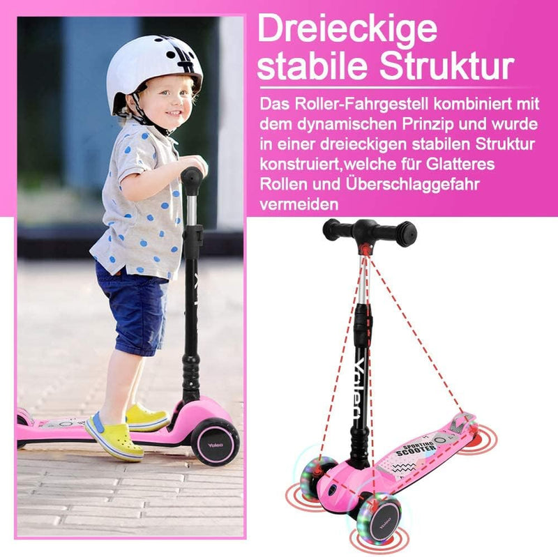 YOLEO Kinderoller Kinderscooter Dreiradscooter mit LED Räder, 2-Rädern Hinterbremsen,4 Höhenverstell