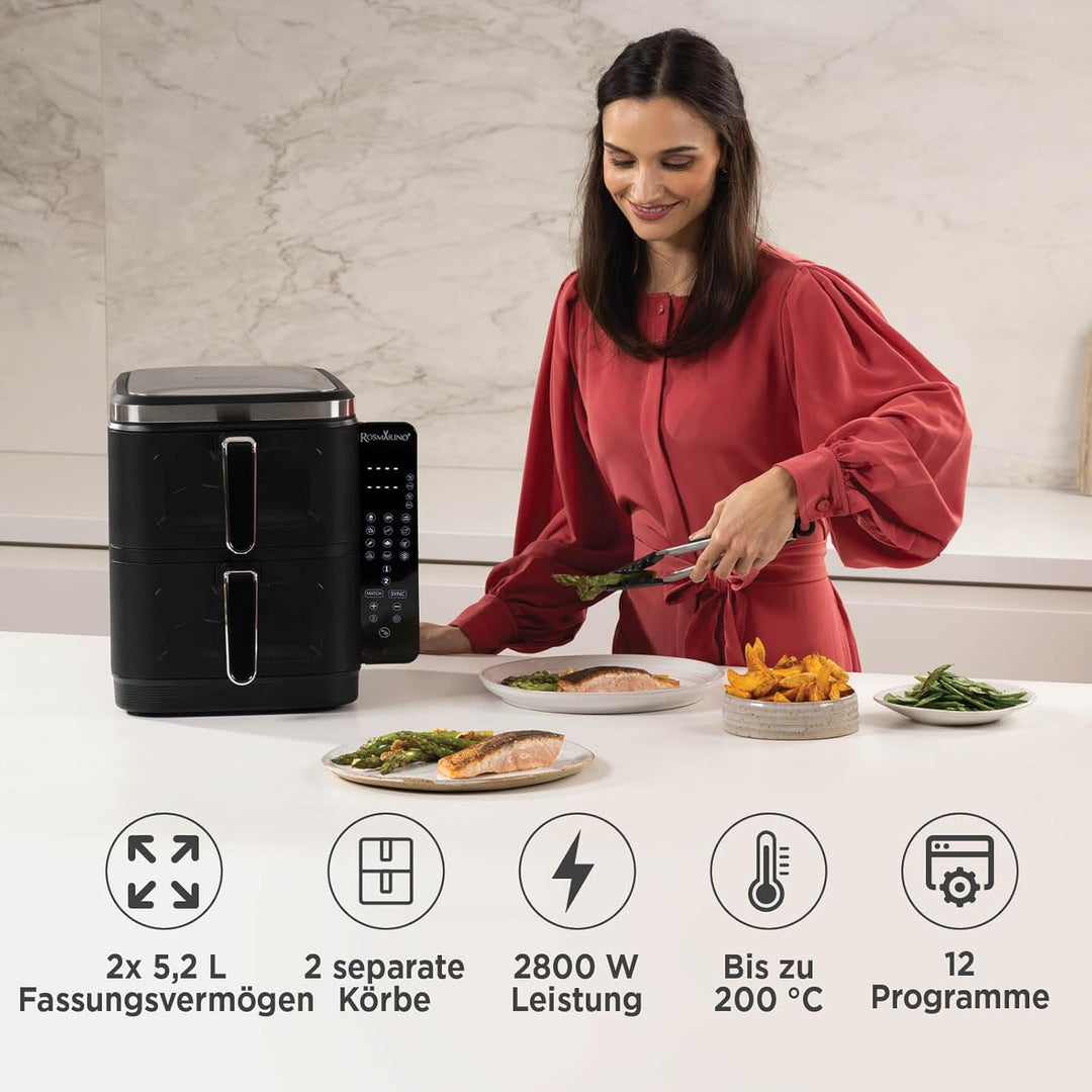 Rosmarino Tower XXL Airfryer 10,4L - Vertikales Design | Doppelkammerfritteuse | 12 Programme | 2800
