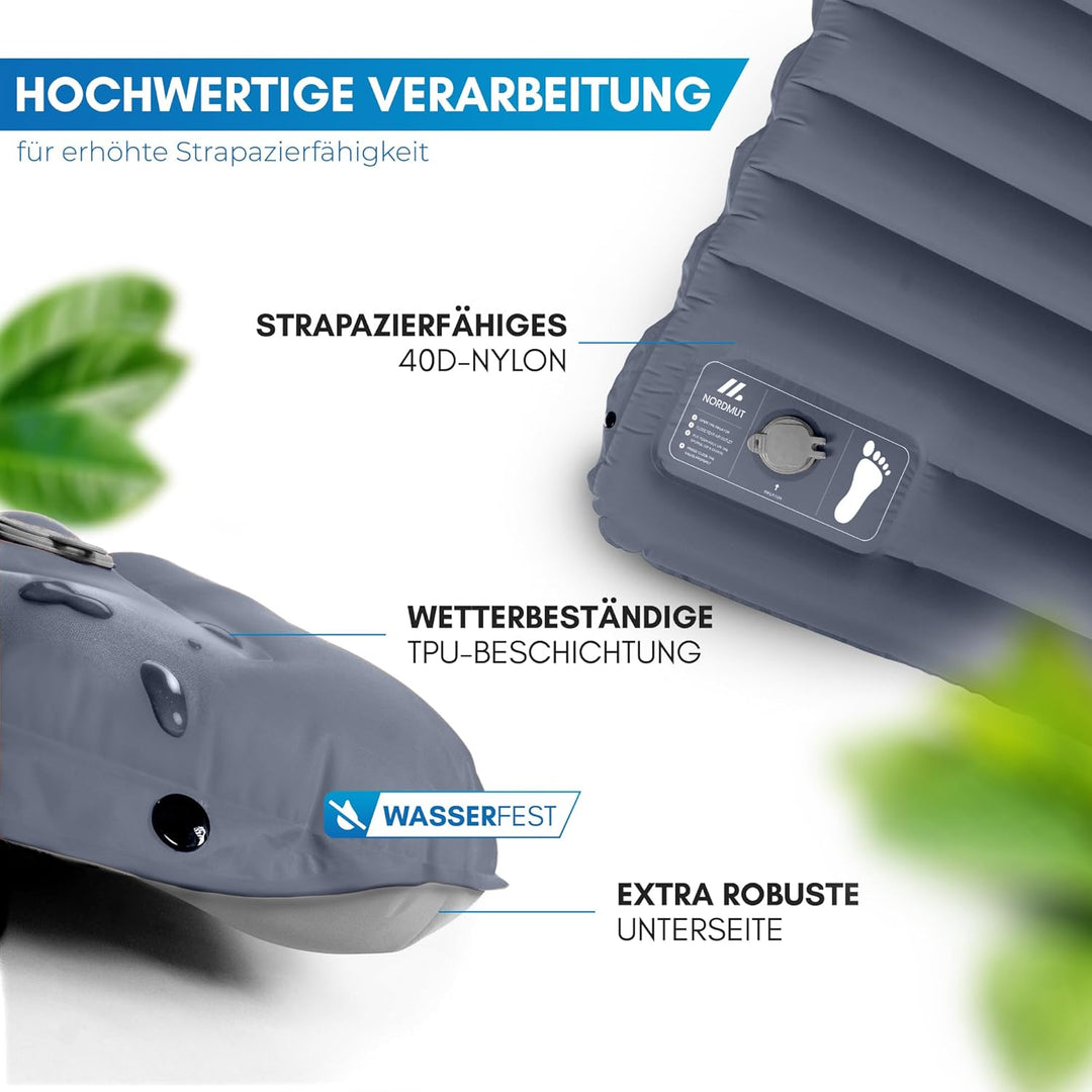 NORDMUT® Isomatte Ultraleicht [mit Reparaturset] - Aufblasbare Luftmatratze Camping kleines Packmass