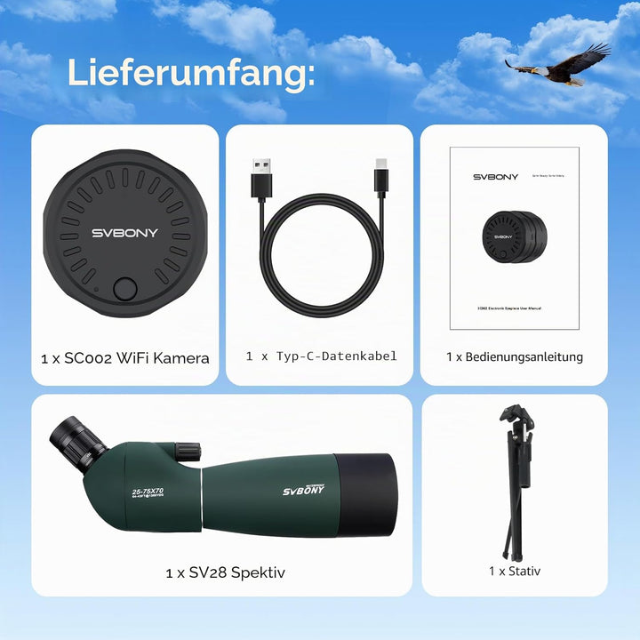 Svbony SV28 25-75x70 Spektiv mit SC002 WiFi Spektiv Kamera, Stativ, HD BAK4 Prisma FMC Handy Adapter