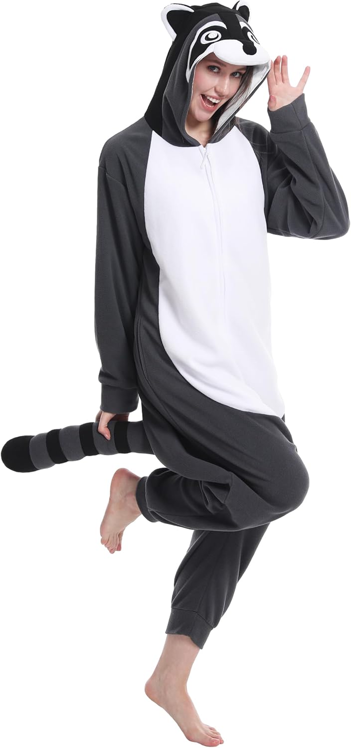 dressfan Unisex Waschbär Kostüm Tier Raccoon Onesie Pyjama Schlafanzug Jumpsuits Halloween Karneval
