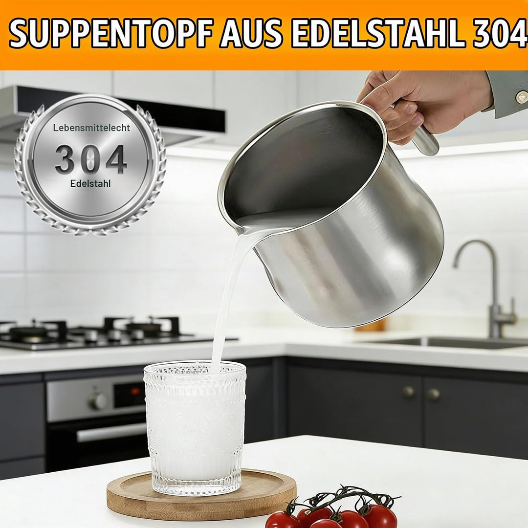 Milchtopf Edelstahl mit Deckel und Ausgiesser, 2 Liter Kochtopf Induktion mit Dampfloch &amp; Rutschfest